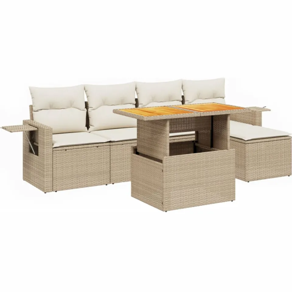 vidaXL 6-delige Loungeset met kussens poly rattan beige, foto 3