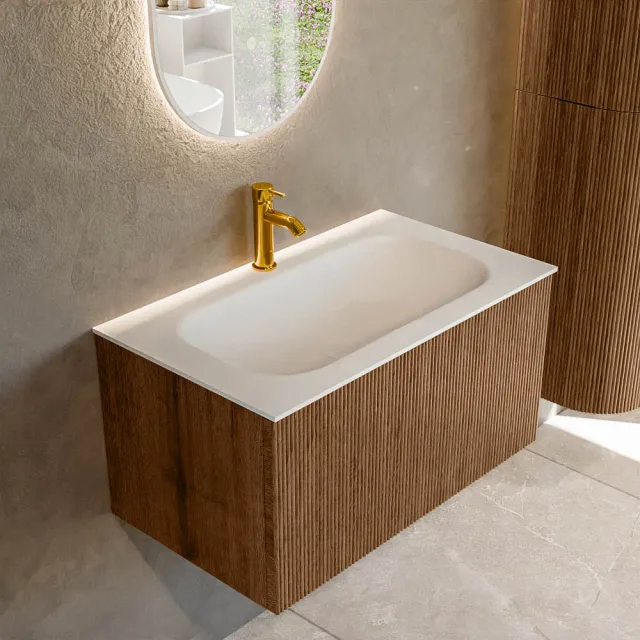 Mondiaz KURVE 80 cm Onderkast Greeploos 1 Lade Zonder Deuren Walnut, Wastafel Solid Surface Volledig Talc 1 Kraangat Zonder Spiegel (KRVBGS801L0D1KM-Wal/Tal)