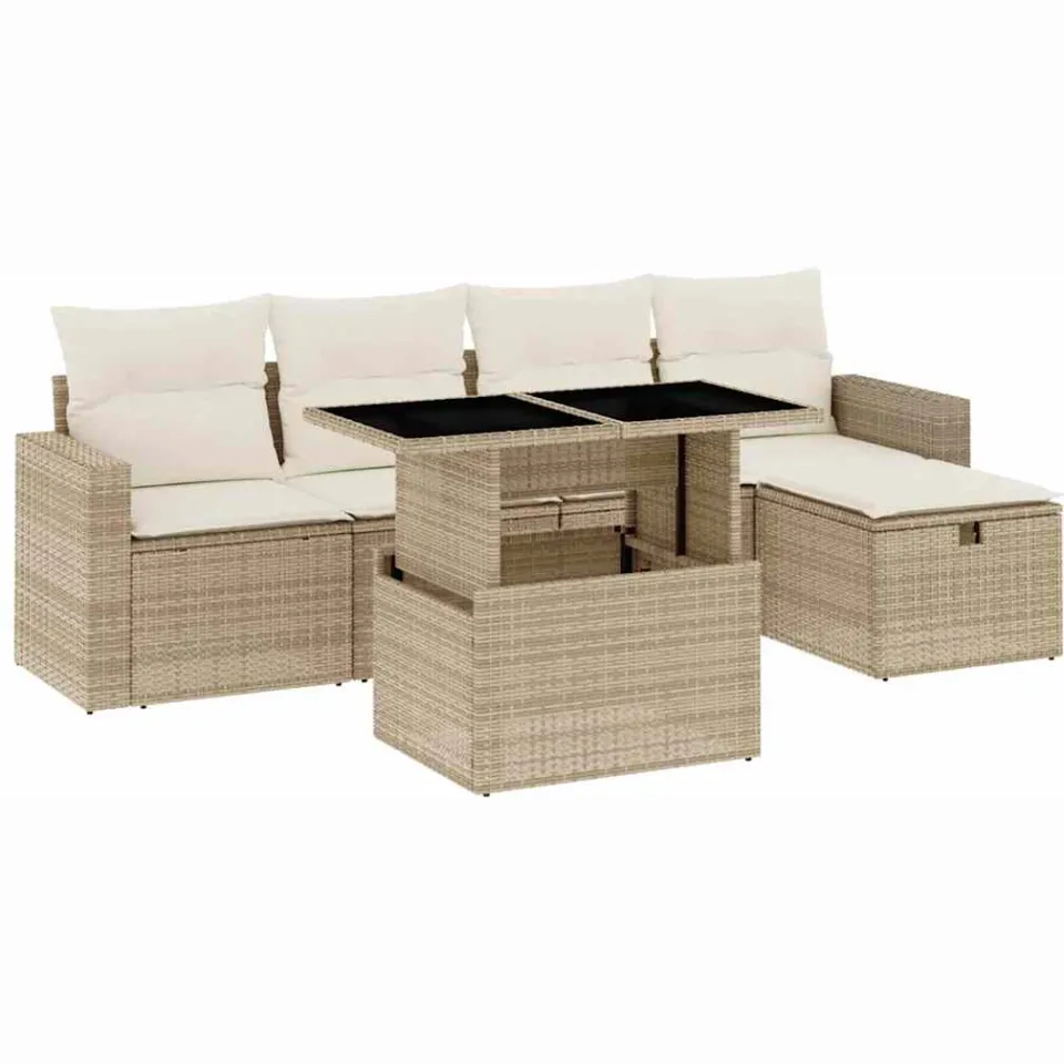 vidaXL 6-delige Loungeset met kussens poly rattan beige, foto 3