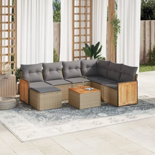vidaXL 8-delige Loungeset met kussens poly rattan beige, foto 2