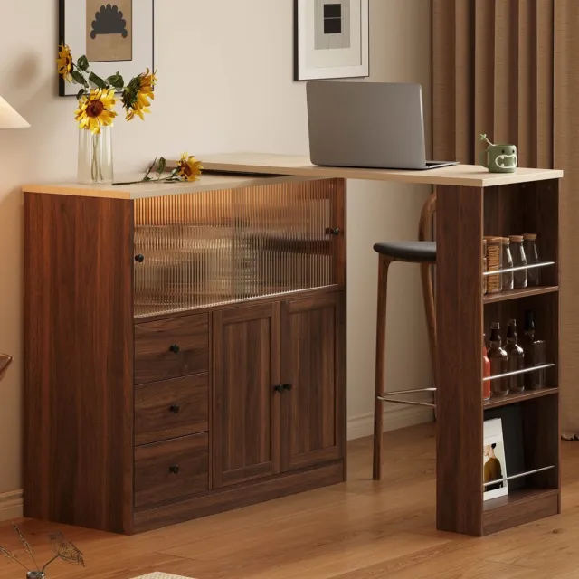 Pugsdrly Vast keukenblok met 360°-draaitafel, opbergkast, bartafel met lade en schuifdeur van gehard glas, keukenkast voor eetkamer en huisbar Natuur