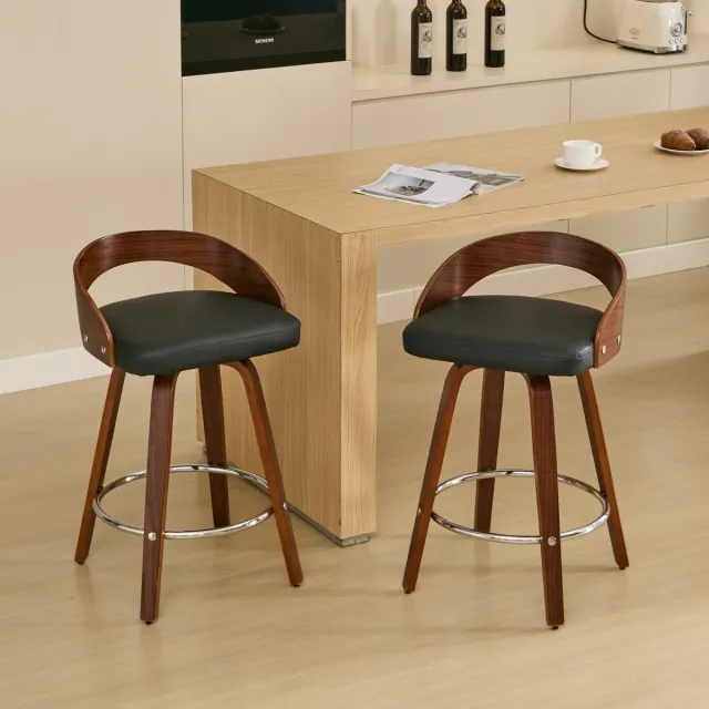 PHOEBE CAT Barkruk - Set van 2 - 360° Draaibaar - Gewatteerde zitting - Houten frame - Zwart + Bruin