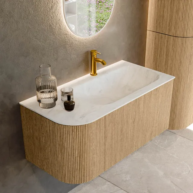 Mondiaz KURVE-DLUX 95 cm Onderkast Greeploos 1 Lade Met Deuren Oak, Wastafel Solid Surface Rechts Opalo 1 Kraangat Zonder Spiegel (KRVBGS95L1L1D1KR-Oak/Opa)