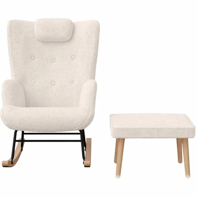 Happiq Schommelstoel met Voetenbank – Teddy Relaxstoel met Rugleuning voor Woonkamer en Slaapkamer White