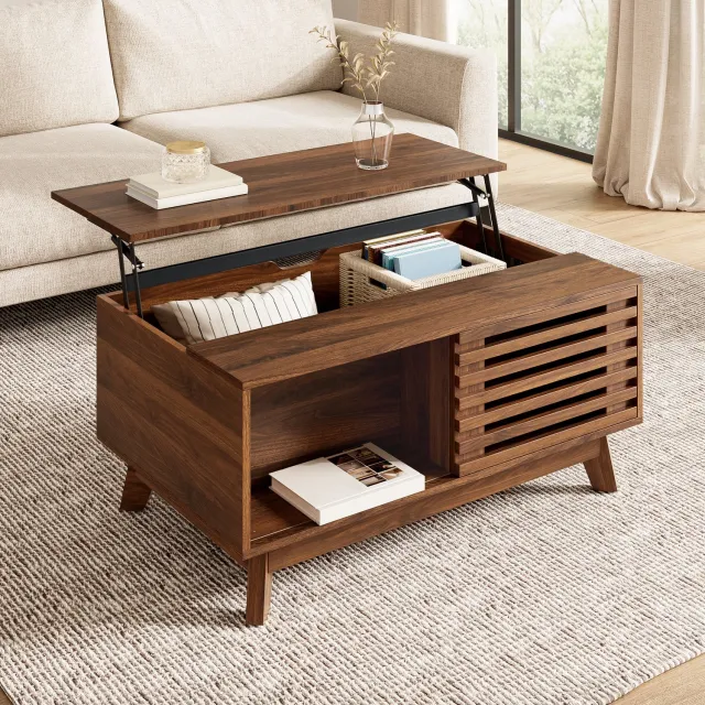 CHICFURN Salontafel - Hoogteverstelbaar - Schuifdeur - MDF - Walnoot
