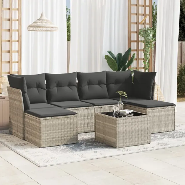 vidaXL 7-delige Loungeset met kussens poly rattan lichtgrijs grijs, foto 2