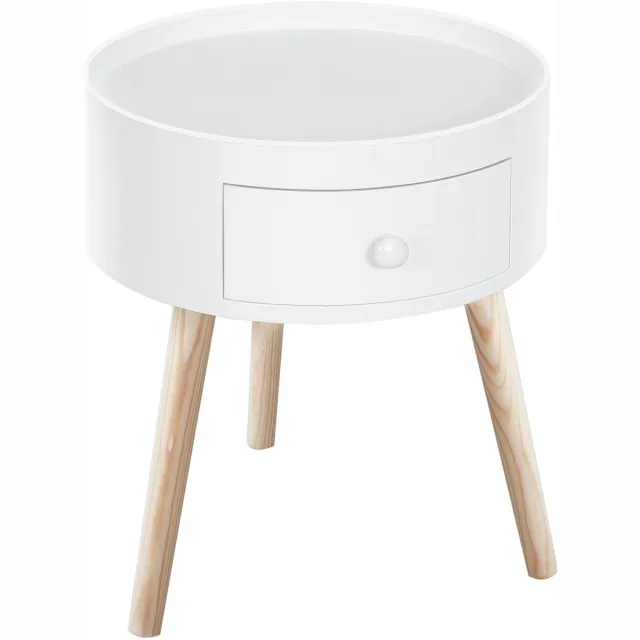 Merax Ronde Bijzettafel – Wit – Met Lade – Scandinavisch Design – 38x45 cm