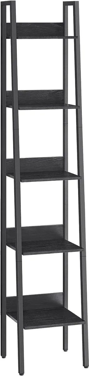 Hoppa! Boekenkast - 5 niveaus, Hoekplank, Staande plank, Vintage Bruin-Zwart Black with Wood Grain