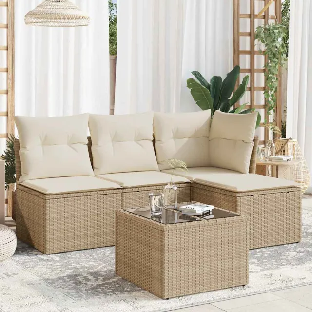 vidaXL 5-delige Loungeset met kussens poly rattan beige, foto 2