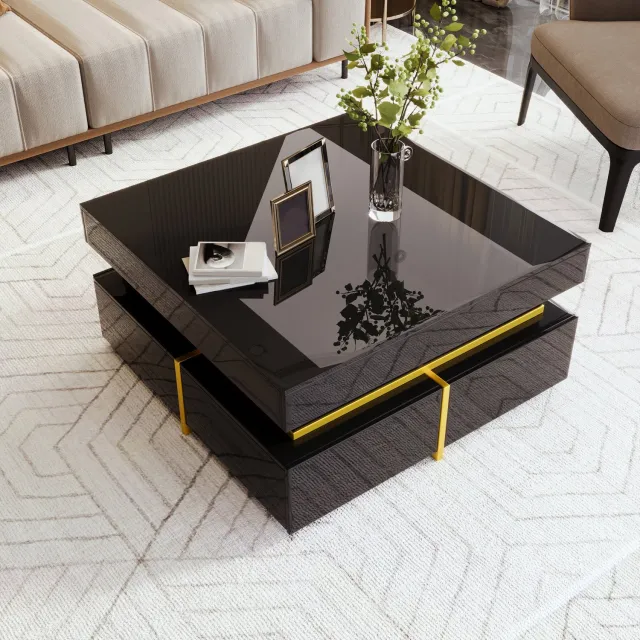 CHICFURN Salontafel 70 cm - 2 lades - Hoogglans - Vierkant - Woonkamer - Spaanplaat - Zwart en goud