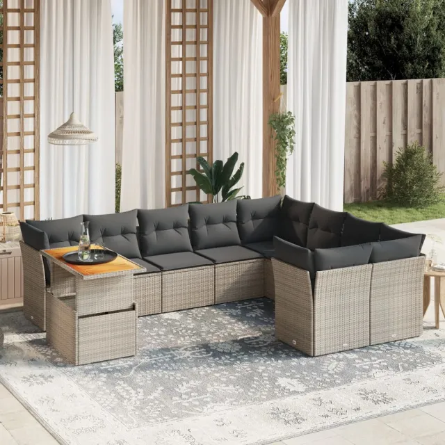 vidaXL 10-delige Loungeset met kussens poly rattan grijs, foto 2