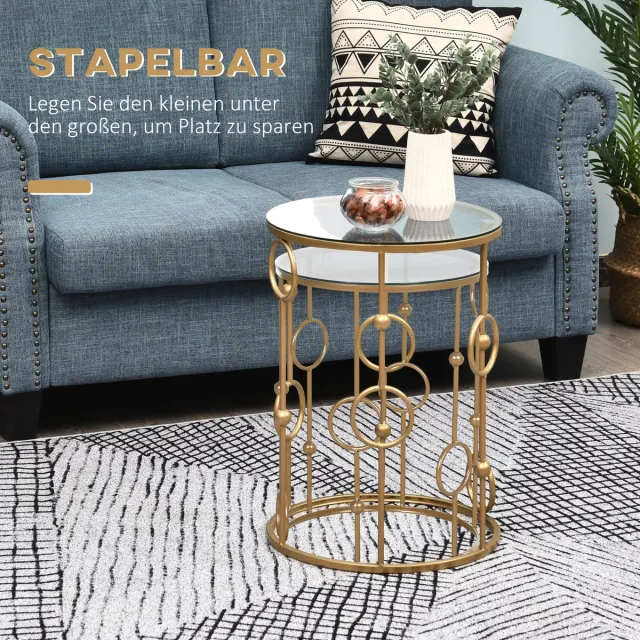 Homona Bijzettafels - Set van 2 - Inschuifbaar - Gehard glas en metaal - Ø41 x 57 cm en Ø36 x 51 cm - Goud