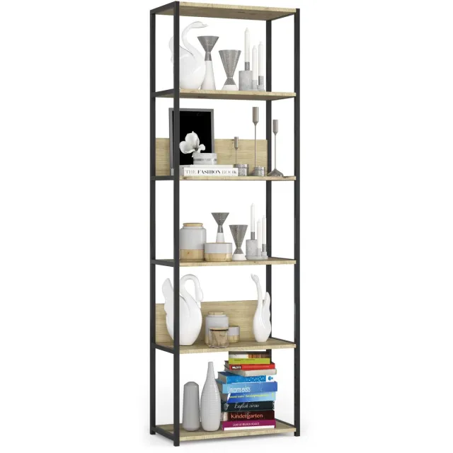 Akord Open Boekenkast, Ladderkast, Industrieel Design / Vakkenkast met 6 Planken / Opbergplank / Boekenrek Opslagrek / Zwart - Artisan Eik / 60 x 192 x 32 cm