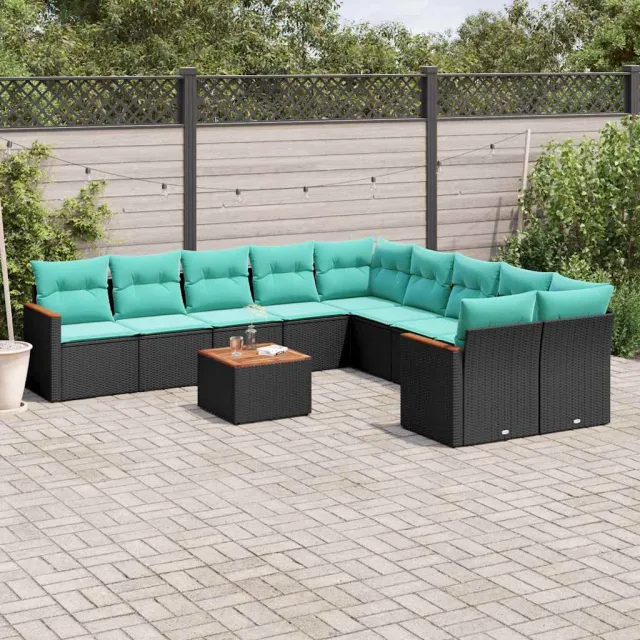 vidaXL 11-delige tuinbankset met kussens, zwart polyrotan, foto 2