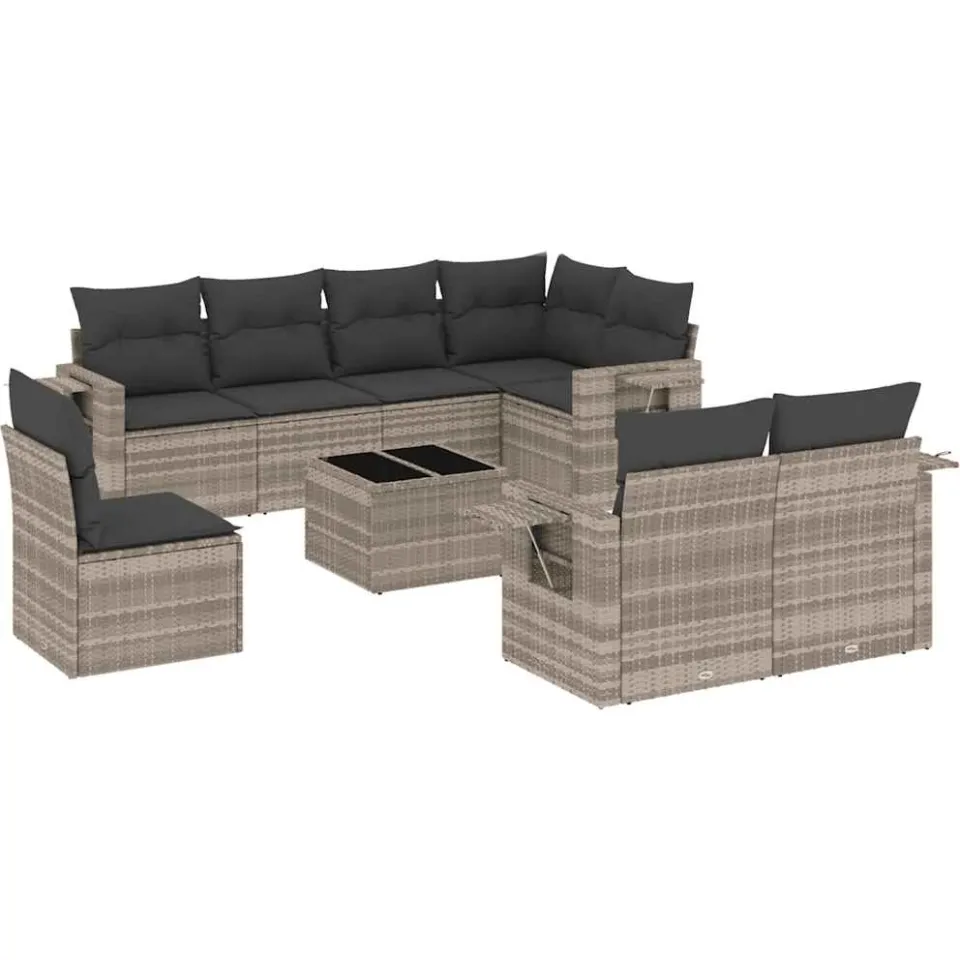 vidaXL 9-delige Loungeset met kussens poly rattan lichtgrijs grijs
