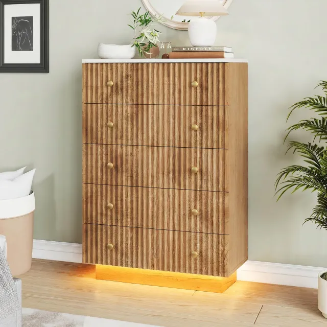 ROSAHQNDA Commode met 5 laden, ladekast voor de slaapkamer met ledverlichting, natuurlijke opbergkast, archiefkast, dressoir voor de woonkamer Natuurlijke kleur