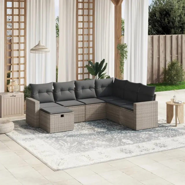 vidaXL 7-delige Loungeset met kussens poly rattan grijs, foto 2