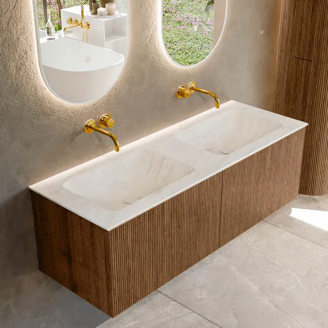Mondiaz KURVE-DLUX 130 cm Onderkast Greeploos 2 Lades Zonder Deuren Walnut, Wastafel Solid Surface Dubbel Opalo 0 Kraangaten Zonder Spiegel (KRVLEA1302L0D0KD-Wal/Opa)