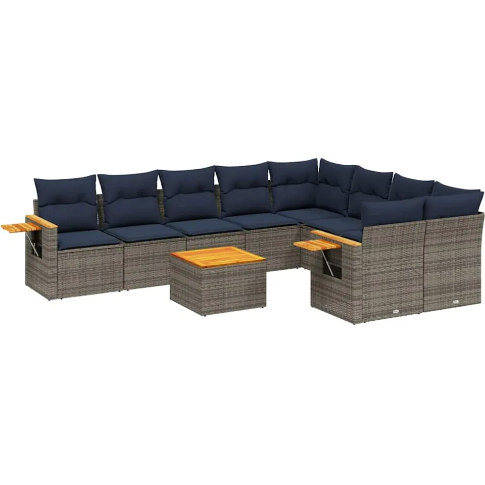 vidaXL 10-delige Loungeset met kussens poly rattan grijs