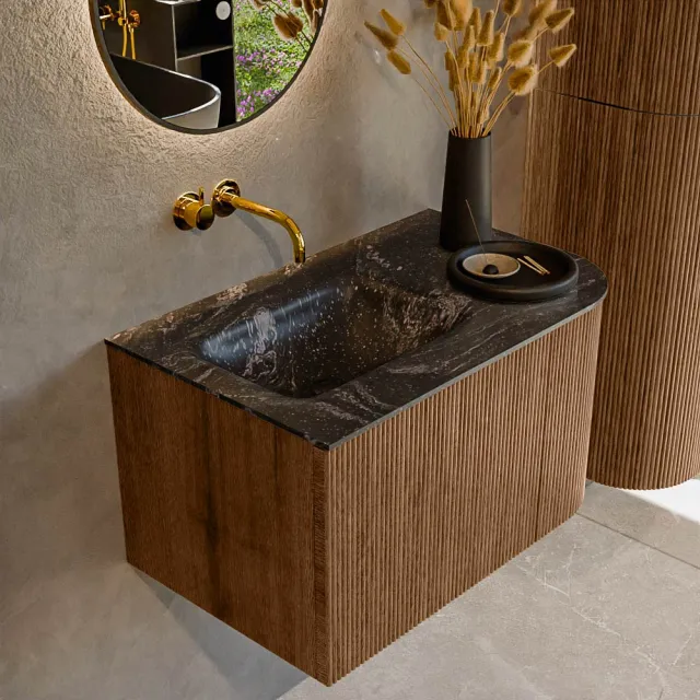 Mondiaz KURVE-DLUX 75 cm Onderkast Greeploos 1 Lade Met Deuren Walnut, Wastafel Solid Surface Links Lava 0 Kraangaten Zonder Spiegel (KRVGRU75R1L1D0KL-Wal/Lav)