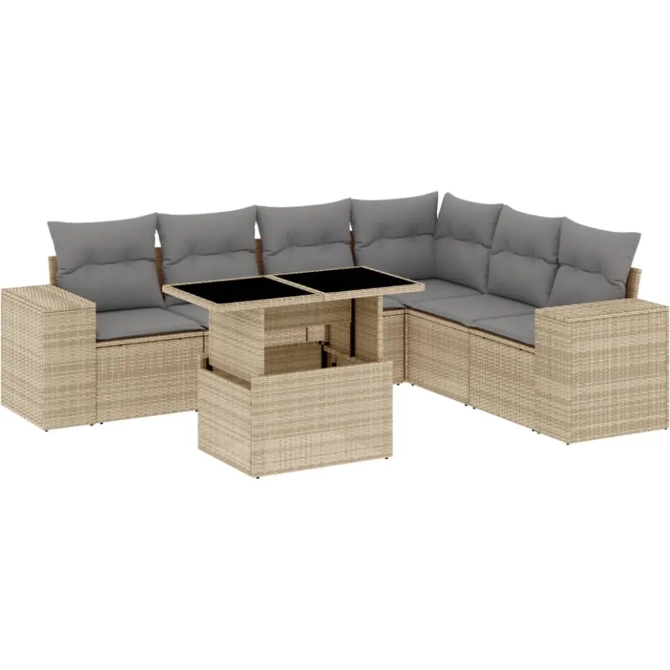 vidaXL 7-delige Loungeset met kussens poly rattan beige, foto 3