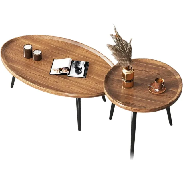 NaevaMi Ronde Salontafel - Set van 2 - Ovaal: 80x55x38cm / Rond: 40x47.5cm - Draagvermogen 50kg en 30kg - Hout - Rond - Ovaal - Bijzettafels - Metalen Poten - Modern - Industrieel - Walnoot Bruin en Zwart