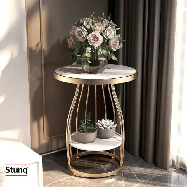 Stunq Ronde salontafel goud met wit marmer, 2-laags bijzettafel
