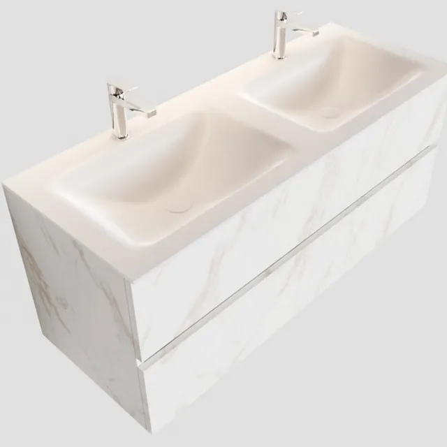 Boss & Wessing Badkamermeubel Boss & Wessing Mat 120 cm - Valencia Carrara - Solid Surface Wastafel / Wastafelmeubels Dubbel (2 kraangaten, 2 lades)| PC75341597