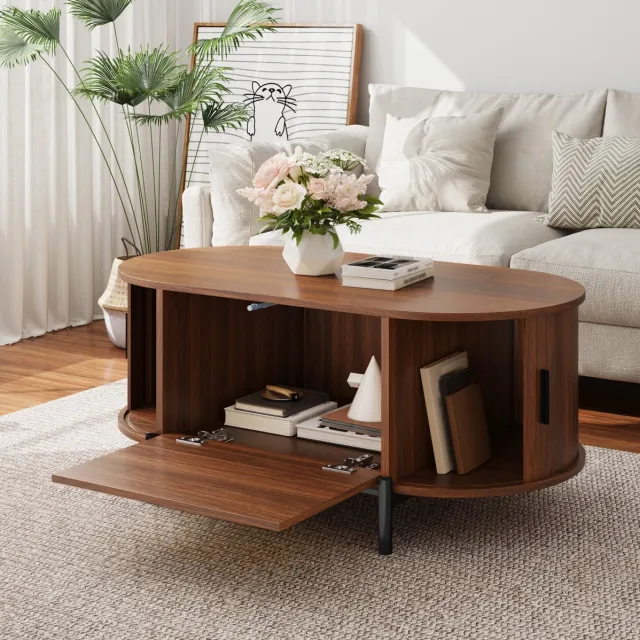 MODFU Salontafel - Ovaal - Opbergruimte - Schuifdeuren - MDF - Walnoot - 100 X 50 X 40 Cm Walnut