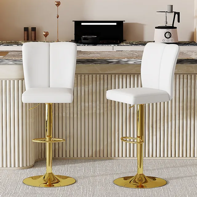Wishdor Barkrukken Set Van 2 - In Hoogte Verstelbaar En 360 Graden Draaibaar - Minimalistisch Ontwerp - Voor Keukeneiland - Metaal En Kunstleer Van PU - Wit En Goud - Zithoogte 63-85 Cm Wit + Goud
