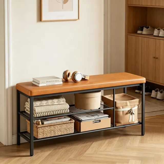 REDOM Schoenbank met opbergruimte - Open vakken en zitvlak - Metalen frame en kunstleer - Scandinavisch en basic - Hal en gang - Zwart en bruin - 100 x 30 x 50 cm