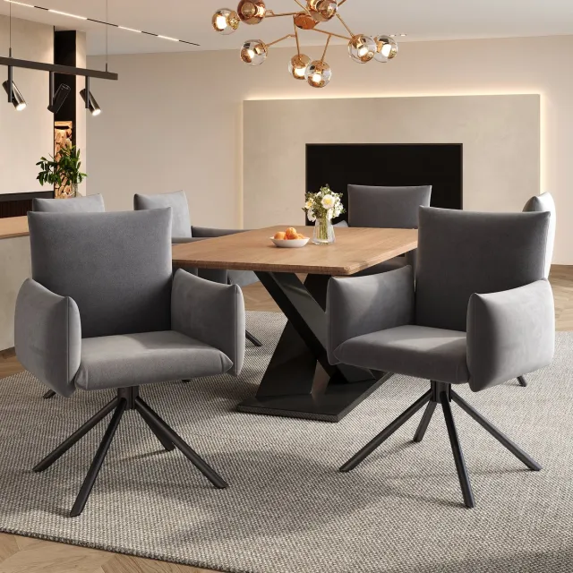 Zubaliya Set Van 6 Eetkamerstoelen Met Armleuningen - Luxe Velvet Stoelen Met 360° Draaifunctie - Ergonomische Kuipstoelen Met Metalen Poten - Comfortabele Stoelen Voor Eetkamer, Woonkamer En Kantoor Grijs