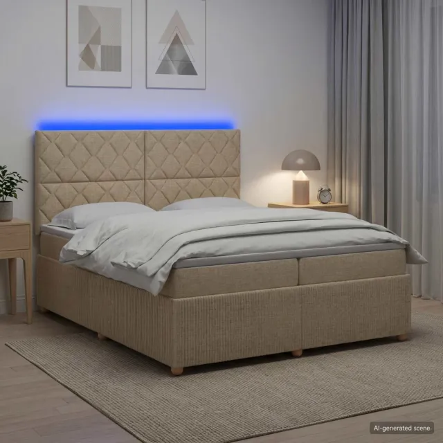 vidaXL LED Boxspring Bed met Matras Crèmekleurig 200 x 200 cm Stof