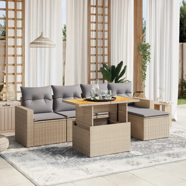 vidaXL 6-delige Loungeset met kussens poly rattan beige, foto 2