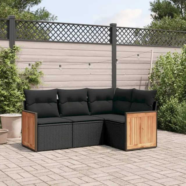 vidaXL 4-delige Loungeset met kussens poly rattan zwart, foto 2