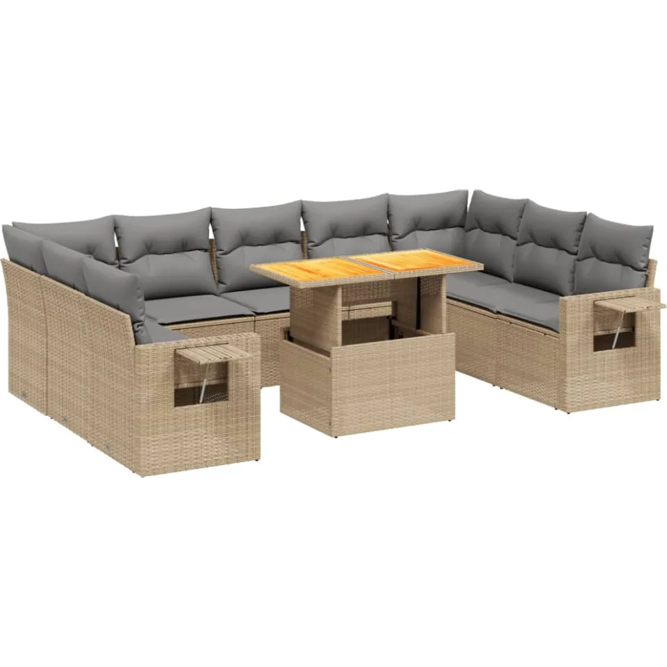 vidaXL 10-delige Loungeset met kussens poly rattan beige, foto 3