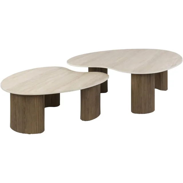 Nest of Nora Set van 2 - Nest of Nora Salontafel Telo aperto - 3D keramiek travertin-stijl - Krasbestendig keramiek blad - Organische vorm / salontafelset Beige
