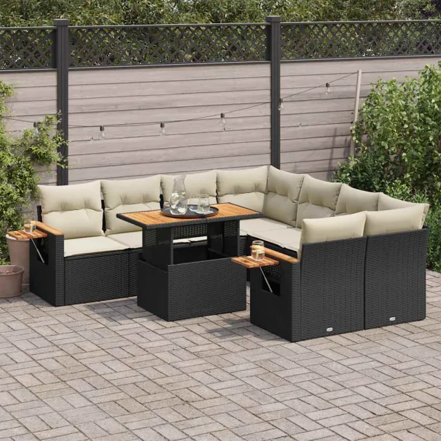 vidaXL 9-delige Loungeset met kussens poly rattan acacia zwart, foto 2