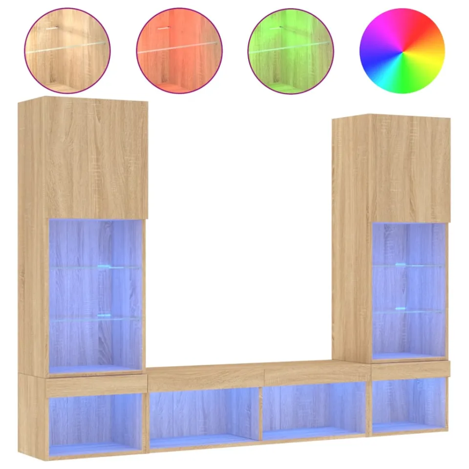 vidaXL 5-delige Tv-wandmeubelset met LED bewerkt hout sonoma eiken, foto 4