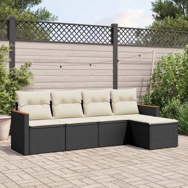 vidaXL 5-delige Loungeset met kussens poly rattan zwart, foto 2