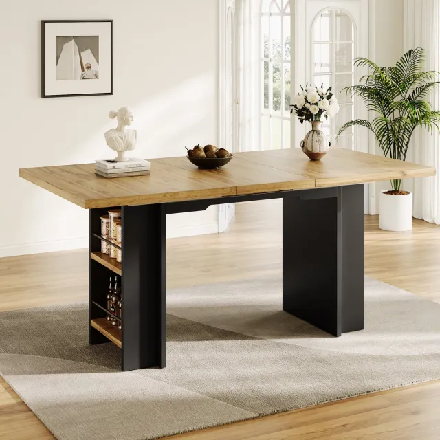 HAUSS SPOLE Eettafel - Uitschuifbaar Met Opbergruimte En Legplanken - Voor Keuken Woonkamer En Thuiswerkplek - MDF - Naturel Hout - 120-160x80x75 Cm Notenhout