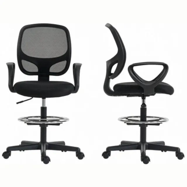 Rolipo Bureaustoel-ergonomische bureaustoel met voetenring-hoge tekenstoel verstelbaar-ligfunctie-59 x 58 x 103-123 cm-thuiskantoor-zwart