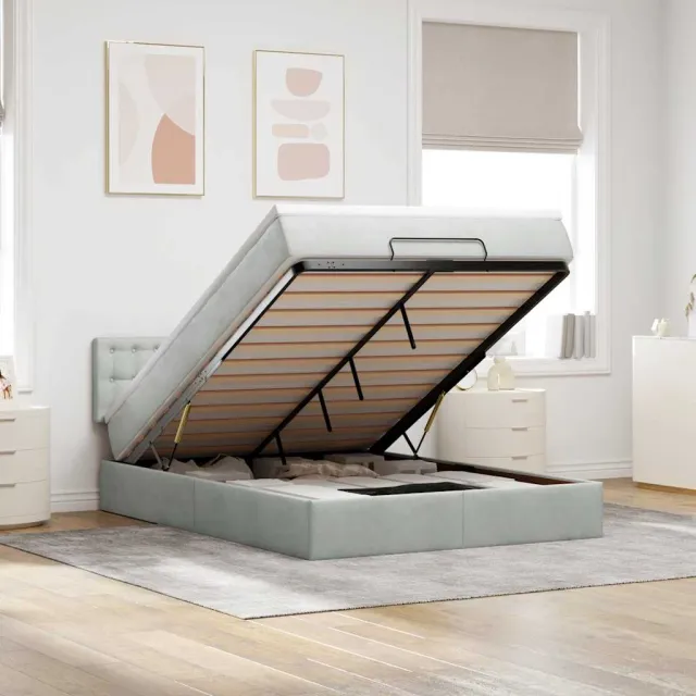 vidaXL Ottoman bed met matras en LED's 140x200cm fluweel lichtgrijs grijs