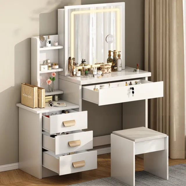 Mihtrov Kaptafel - Make Up Tafel - Inclusief Krukje - Met Groots LED Spiegel - 3 Lichtkleuren - 4 Lades en 6 Planken - Met Verborgen Opbergruimte - Eenvoudige Montage - 87x36x136 cm - Voor Slaapkamer Kleedkamer - Wit