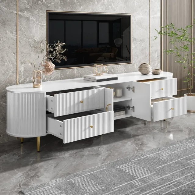 OKWISH Tv Meubel - Golfstructuur Fronten En Kabeldoorvoer - 180x40x38 cm - Lade En 2 Deuren - Woonkamer - MDF Wit