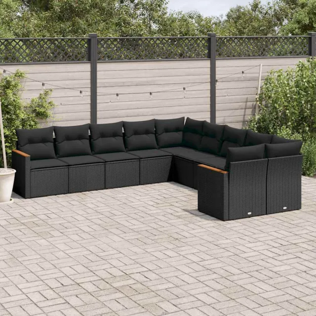 vidaXL 10-delige Loungeset met kussens poly rattan zwart, foto 2