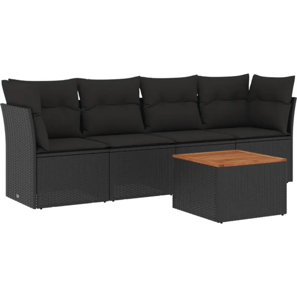 vidaXL 5-delige Loungeset met kussens poly rattan zwart, foto 3
