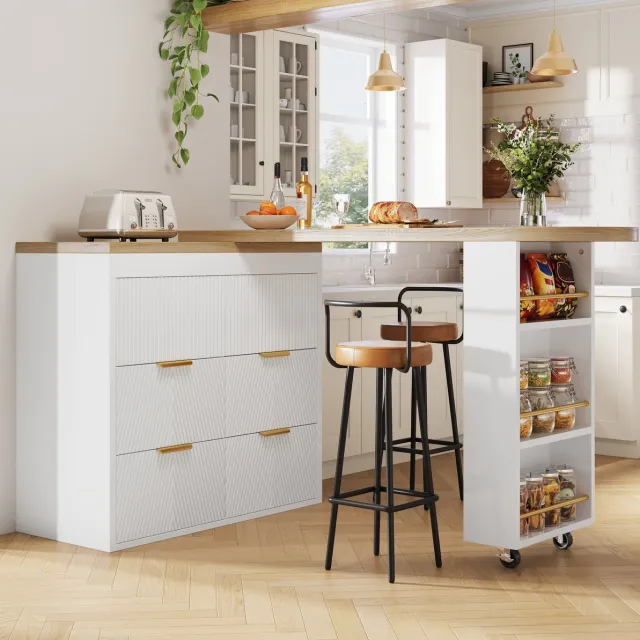 DESMIU Bartafel - Uitschuifbaar En 360 Graden Draaibaar Met 6 Lades - Voor Keuken En Woonkamer - MDF En Metaal - 128-203x39x90 Cm - Wit