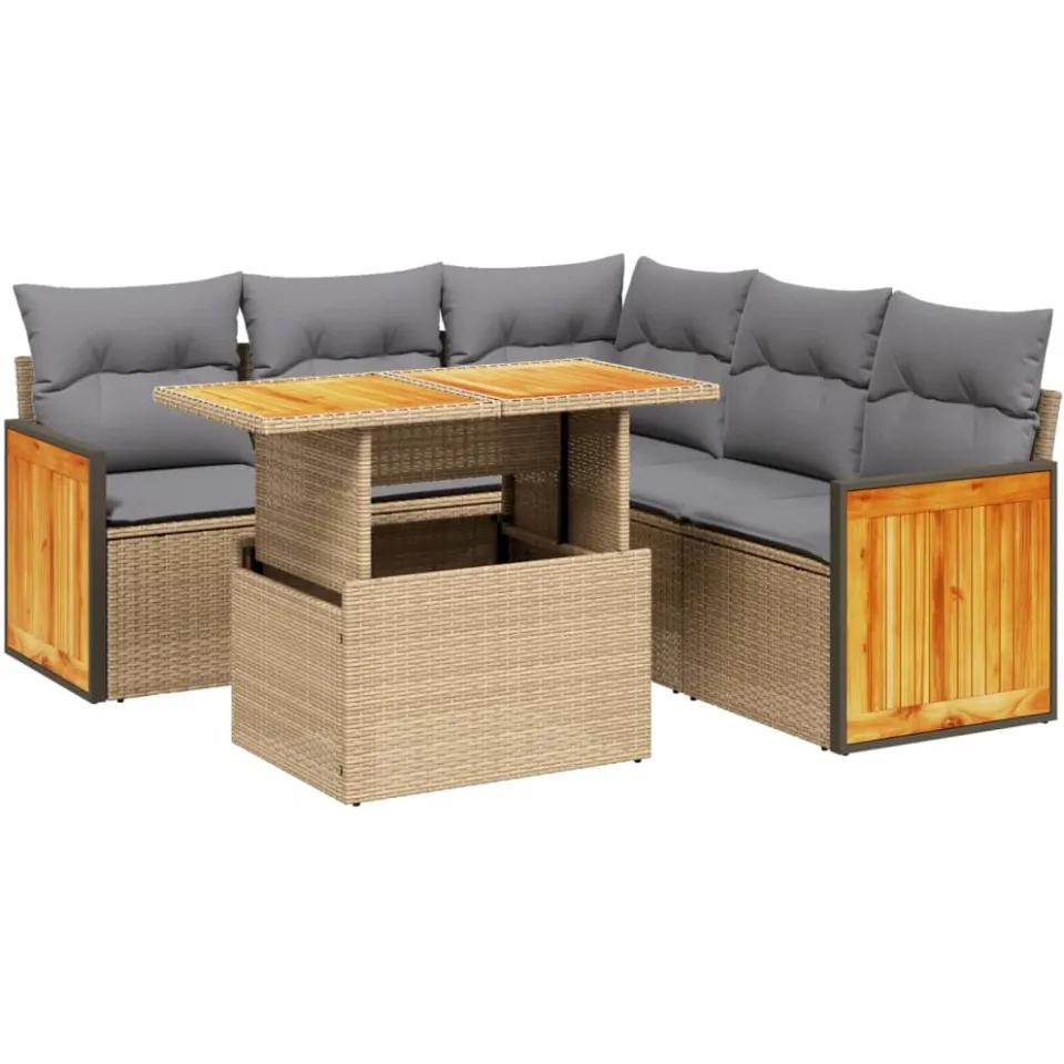 vidaXL 6-delige Loungeset met kussens poly rattan beige, foto 3