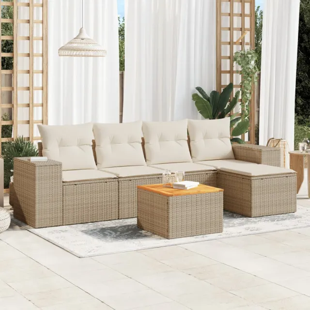 vidaXL 6-delige Loungeset met kussens poly rattan beige, foto 2